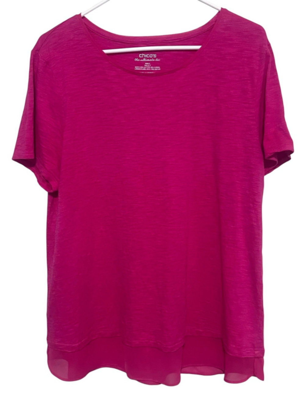 Chico's The Ultimate Tee Shirt Women’s XL 3 Pink Short Sleeve Layered Hem Top